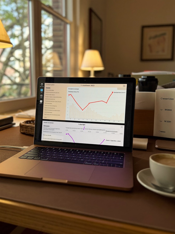 Ad performance charts on a laptop in a warm office.