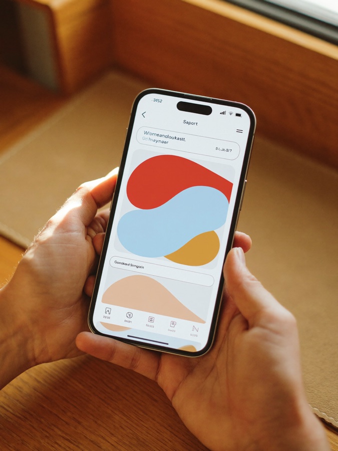 A hand holding a phone showing a simple in-house app.