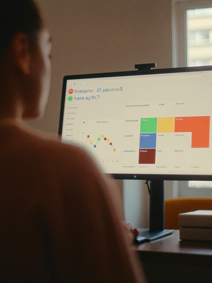 A monitor showing live KPI tiles in a warm room.