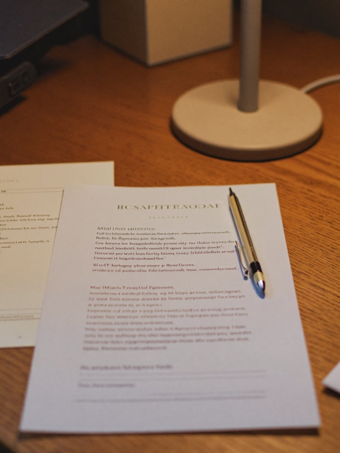 A printed proposal and pen on a warm desk under a lamp.