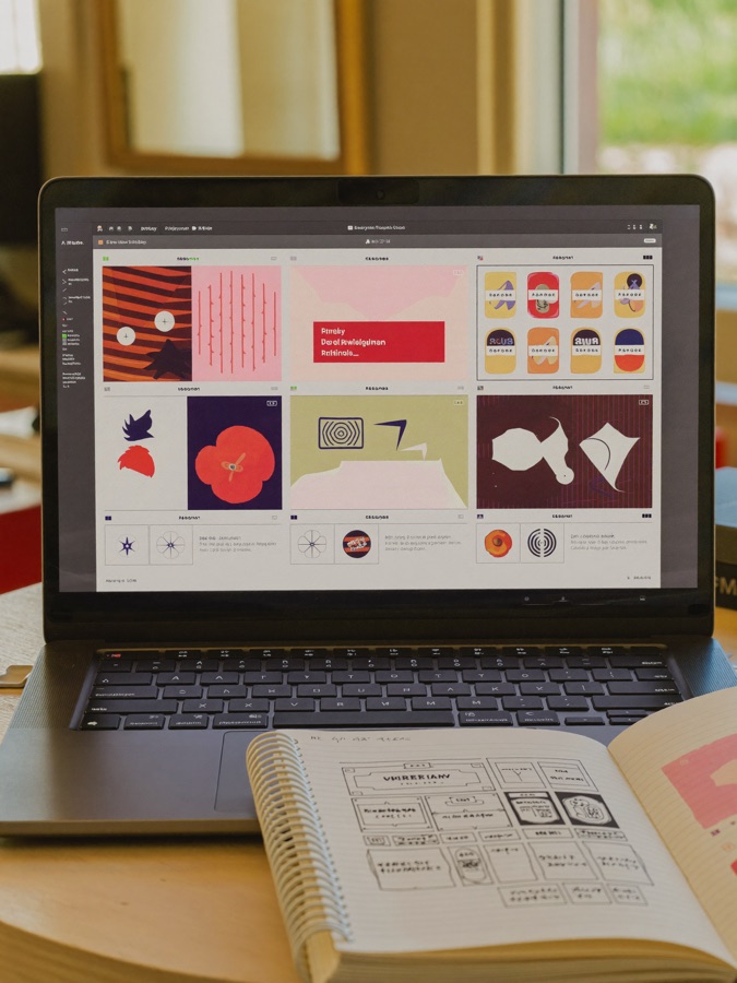 A laptop showing a website layout beside a sketched wireframe.