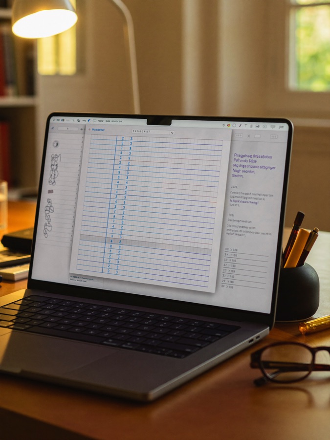 A laptop showing a spreadsheet and reading glasses on a desk at dusk.